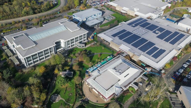 An aerial shot of industrial buildings in Bristol, England