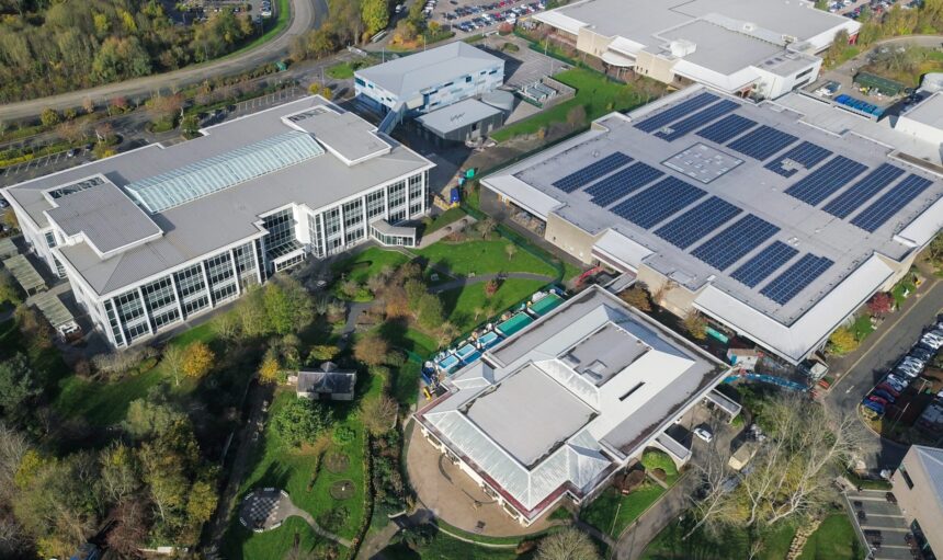 An aerial shot of industrial buildings in Bristol, England