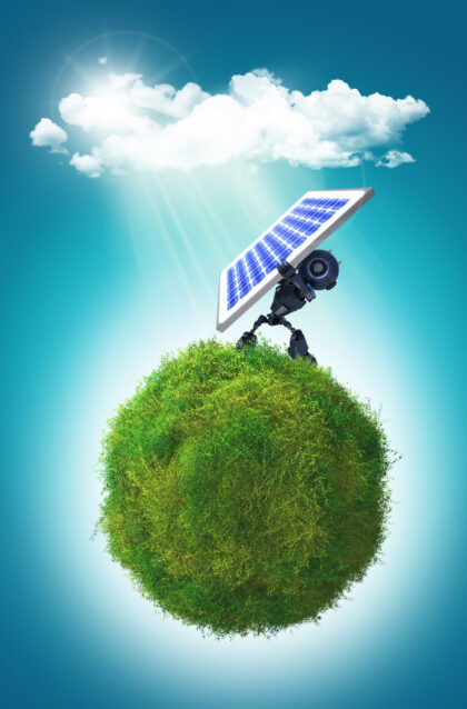 3D render of a robot holding a solar panel on a grassy glboe 3D render of a grassy globe a robot holding a solar panel to the sunlight