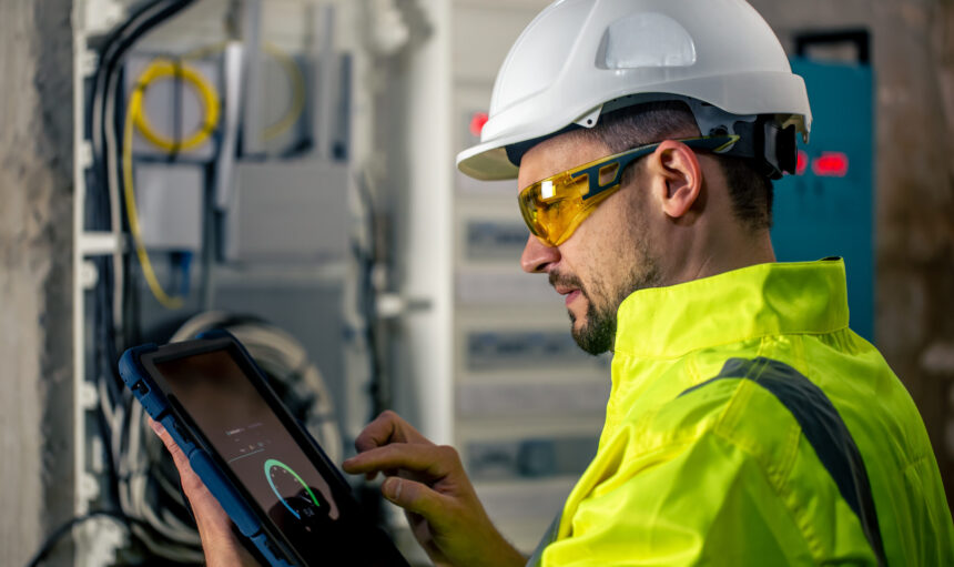Man, an electrical technician working in a switchboard with fuses. Installation and connection of electrical equipment.